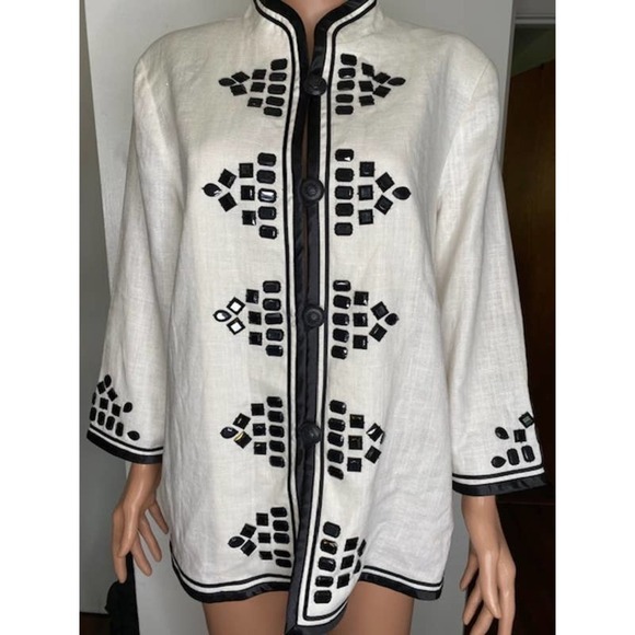 Linea by Louis Dell'Olio Linen Jacket Large 4 Button Embroidered Lined 3/4 Sleev - Picture 1 of 9